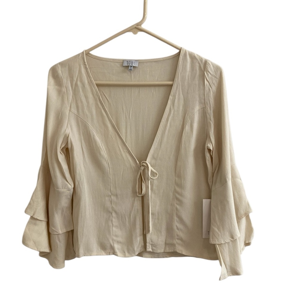 Tobi Shirt Top Retro Long Bell Sleeves Size S Tie Front Beige Peasant NWT